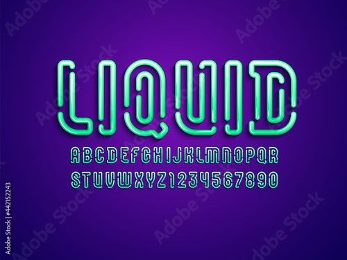 Original Font in the 3d style, turquoise gel alphabet, letters and numbers, vector illustration 10eps