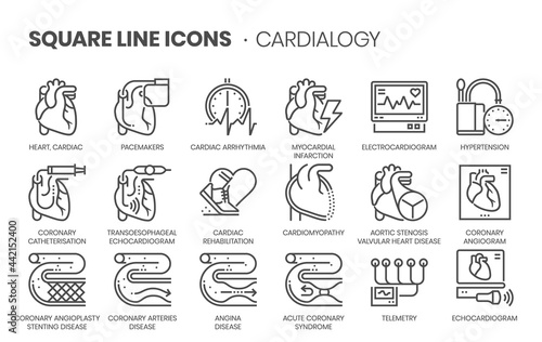 Cardiology related, square line vector icon set. photo