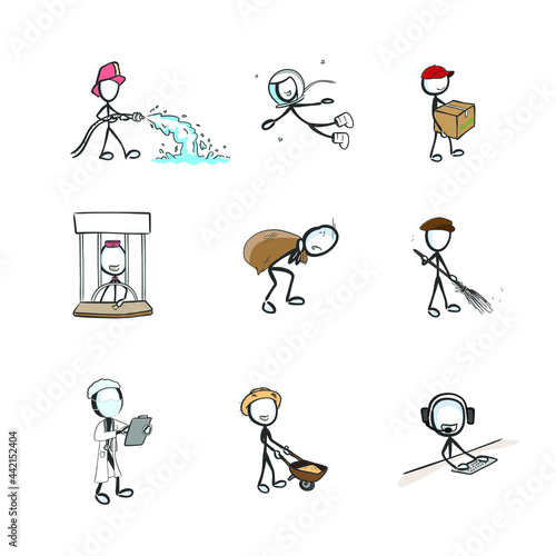 Profession set fireman, delivery, customer service, doctor, farmer, cashier. Vector simple. Stickman no face clipart cartoon. Hand drawn. Doodle sketch, graphic illustration