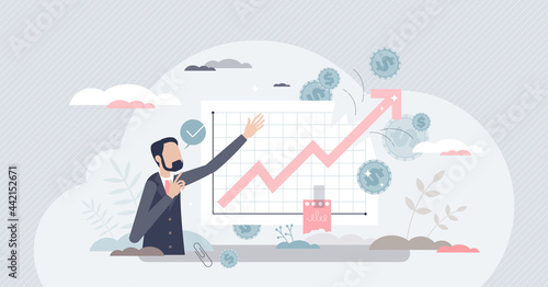 Income growth presentation and showing financial stats tiny person concept. Business progress profit and revenue improvement vector illustration. Increased stock value and successful wealth plan scene