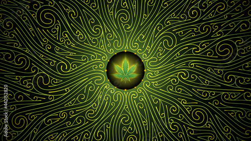Vector sacred background with marijuana leaf. Complex graphic art with pattern of spirals. Symbol of energy and power cannabis plant. Shine ornament on black backdrop.