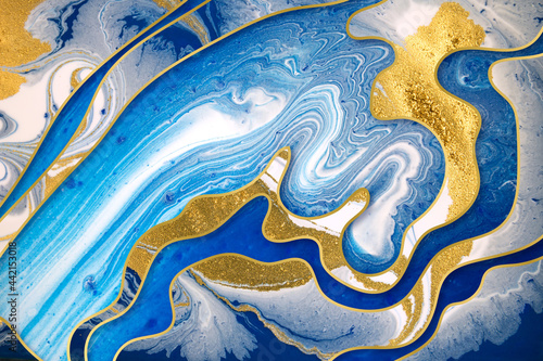 Agate ripple pattern imitation with gold dust. Blue abstract illustration.