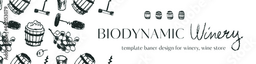 Panoramic banner for homemade wine. Vector gray horizontal pattern winemaking. House wine label, template badge. Wine tasting poster. Ink doodle of wood barrel, bunch grape, corkscrew. Organic wines.