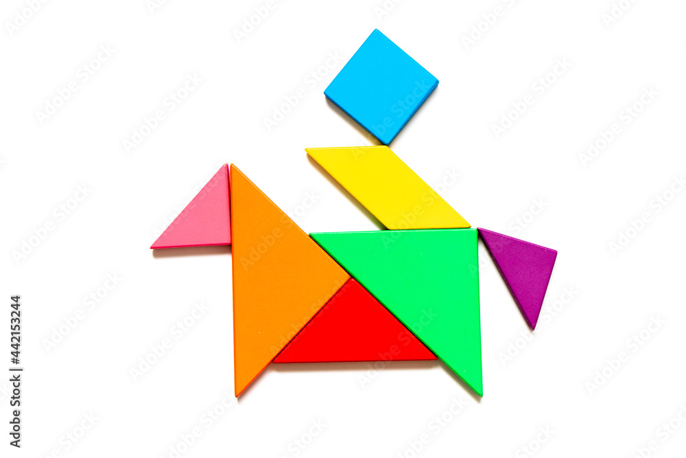 Color tangram puzzle in man ride on the horse shape on white background Color tangram puzzle in man ride on the horse shape on white background