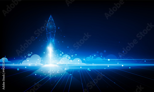 Abstract Business Start up launching product with rocket concept. Light out technology background Hitech communication Bitcoin in futuristic concept innovation background,  vector design