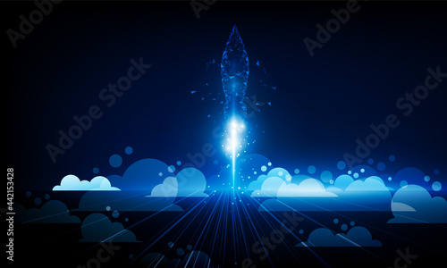 Abstract Business Start up launching product with rocket concept. Light out technology background Hitech communication Bitcoin in futuristic concept innovation background,  vector design