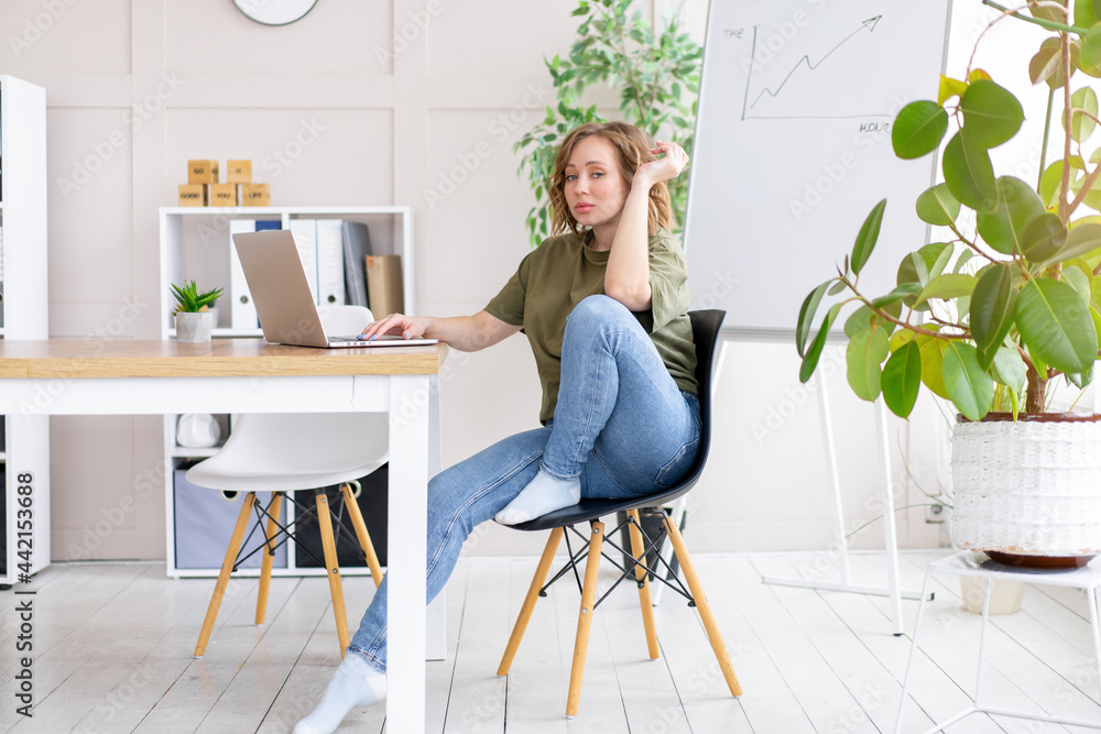 Business woman using laptop sitting desk white modern office interior with houseplant Business woman using laptop sitting desk white modern office interior with houseplant