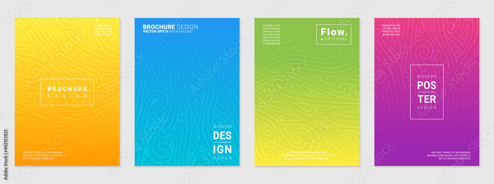 Vector set of cover design template with minimal wavy and spiral patterns, modern different color gradient. Vector set of cover design template with minimal wavy and spiral patterns, modern different color gradient.