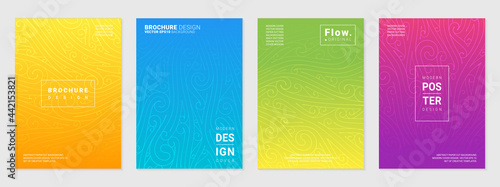 Vector set of cover design template with minimal wavy and spiral patterns, modern different color gradient.
