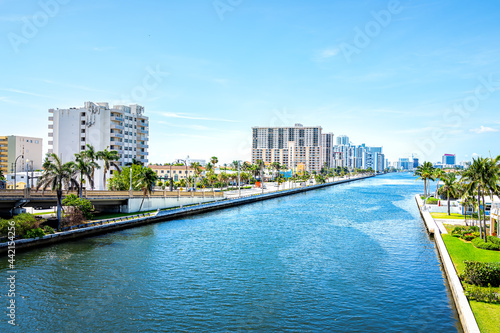 Hollywood Miami beach Florida cityscape skyline of residential skyscrapers coastal buildings condo apartments above high angle aerial view of Stranahan River photo