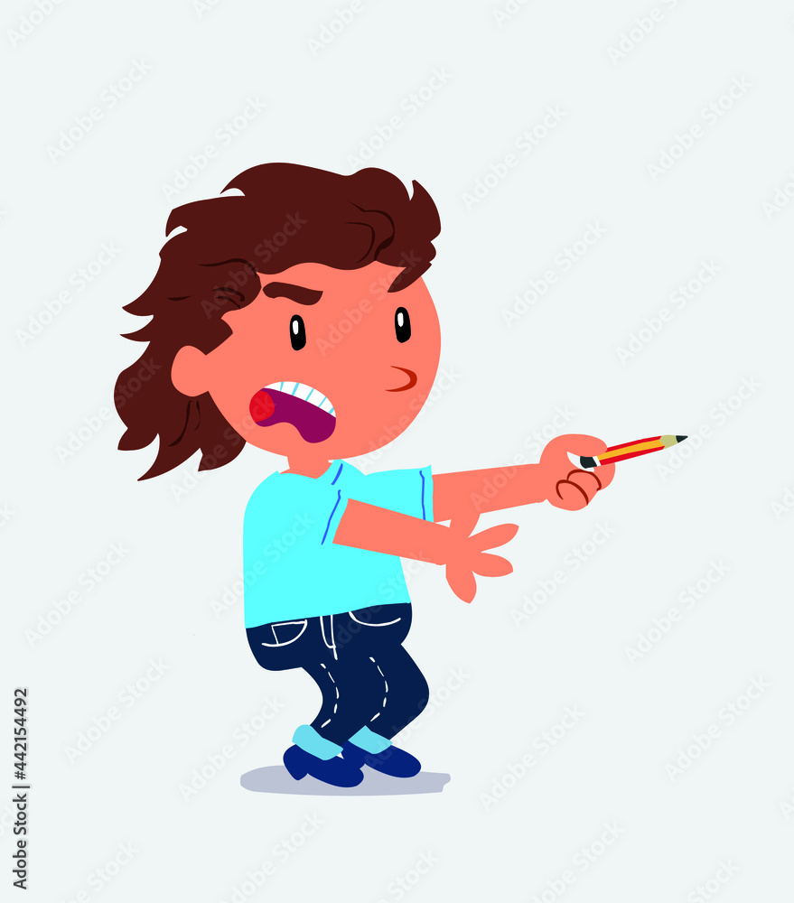 angry cartoon character of little girl on jeans with pencil points to the side angry cartoon character of little girl on jeans with pencil points to the side