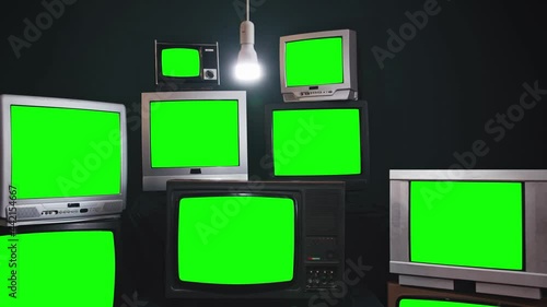 Eight Retro TV Sets Green Screens. Zoom Out. 