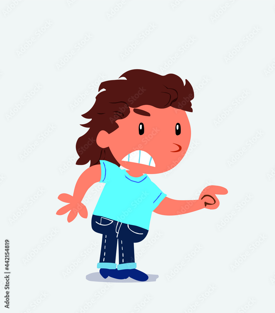 cartoon character of little girl on jeans pointing something aggressively. cartoon character of little girl on jeans pointing something aggressively.