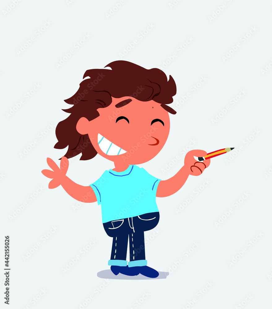 cartoon character of little girl on jeans says something funny while pointing to the side with a pencil cartoon character of little girl on jeans says something funny while pointing to the side with a pencil