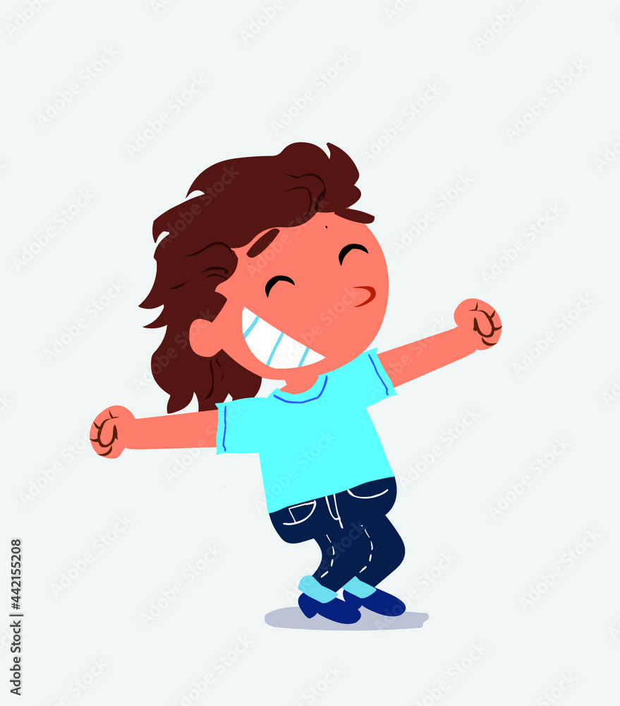 Euphoric little girl on jeans in funny cartoon character Euphoric little girl on jeans in funny cartoon character