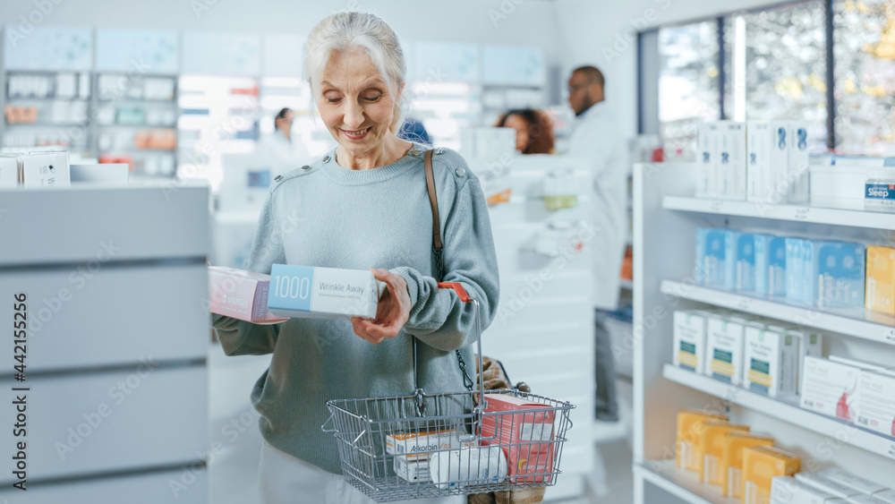 Pharmacy Drugstore: Diverse Group of Multi-Ethnic Customers Browsing for Medicine, Drugs, Vitamins, Health Care Products from Professional Pharmacist Work at Cashier Counter, Advice Clients
