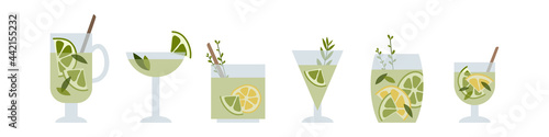 Fresh homemade mojito, soda, cocktail with lime and mint. Summer tropic drink, cold citrus refreshing beverage in glass. Vector flat cartoon illustration. For logo, flyer, menu, sticker