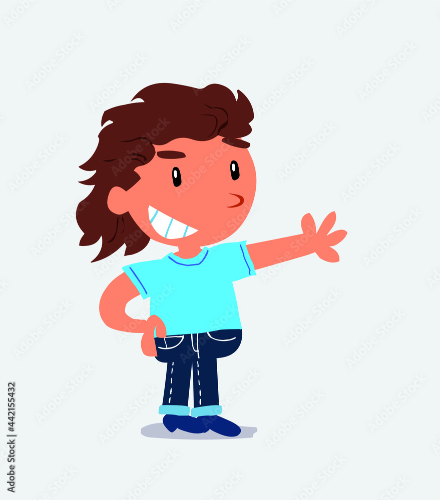 Pleased cartoon character of little girl on jeans points to something Pleased cartoon character of little girl on jeans points to something