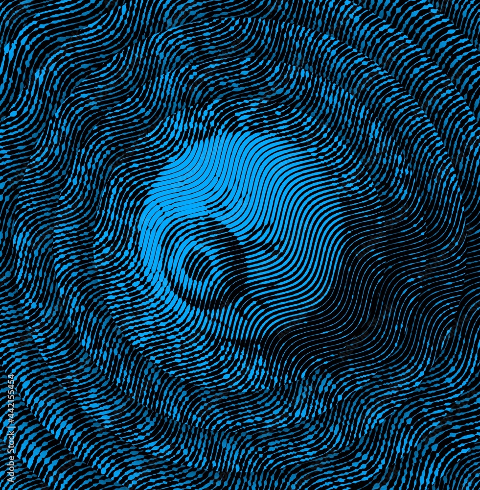 lost and found a false eye on the sandy beach in blue and black wavy lines halftone style concentric circular design