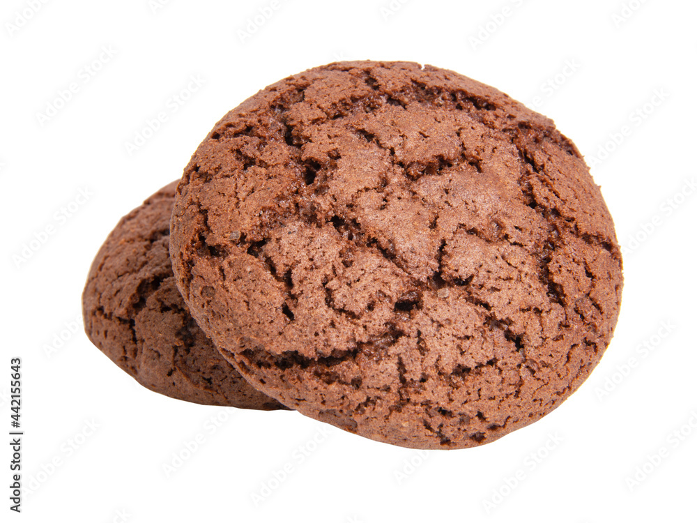 Two perfect dark chocolate cookies isolated on the white background Two perfect dark chocolate cookies isolated on the white background