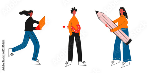 vector set of trendy multicultural people students.Ethnc girl in a laptop, with a pencil,a guy with a question mark.The concept of education at the university and remote study.Textured flat