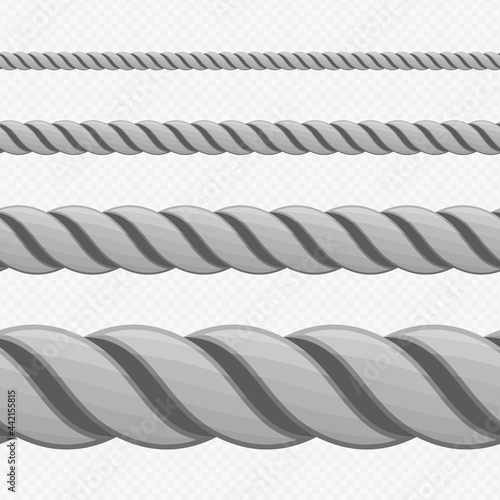 Different twine gray thickness rope. Vector set of ropes different sizes. Rope seamless pattern. Top view.