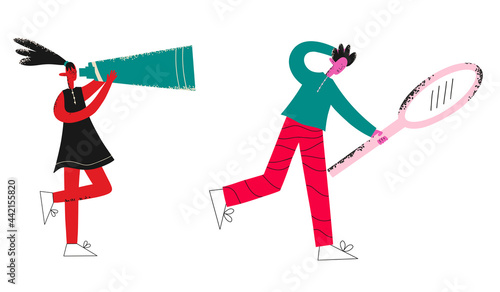 vector set of trendy multicultural people students.People with document,coffee,spyglass.The concept of education at the university and remote study of sciences.Textured flat trendy people