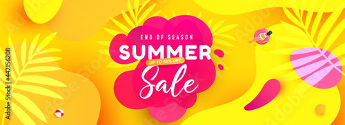 Creative summer sale banner in trendy bright colors with tropical leaves and discount text. Season promotion illustration.