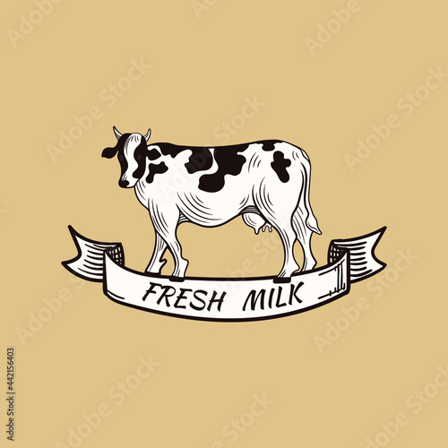Vector Milk Cow, Vintage style illustration, banner, fresh milk, design element.
