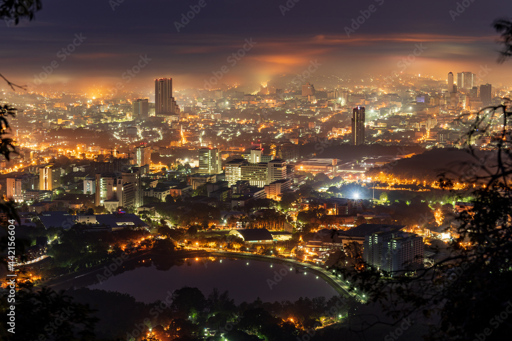 Songkhla, Thailand -June 4, 2020 : Cityscape view in morning time, scene of Kho hong Hill in Hatyai city, Songkla, Thailand.