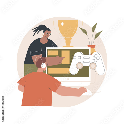 Esports player training abstract concept vector illustration. Cyber sports, lessons with pro gamers, esports coaching platform, video games, tournament win, motivation abstract metaphor.
