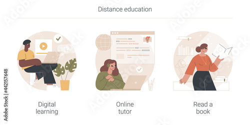 Distance education abstract concept vector illustration set. Digital learning, online tutor, read a book, home school, video call, watch webinar, download e-book, homework abstract metaphor.