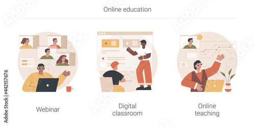 Online education abstract concept vector illustration set. Webinar, digital classroom, online teaching, smart flipped classroom, video course, peer level meetings, elearning abstract metaphor.