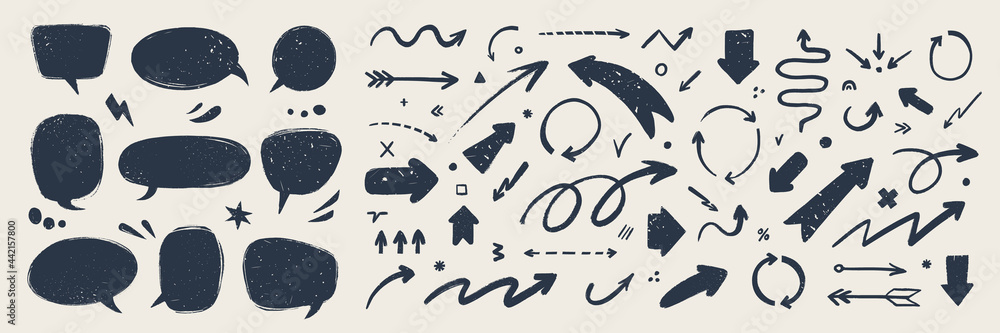 Fototapeta premium Abstract arrows and Speech bubbles set. Various doodle arrows and talk balloons with grunge texture. Hand-drawn abstract vintage infographic Vector collection.