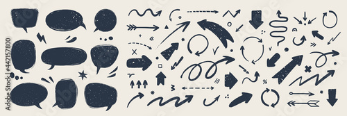Abstract arrows and Speech bubbles set. Various doodle arrows and talk balloons with grunge texture. Hand-drawn abstract vintage infographic Vector collection.