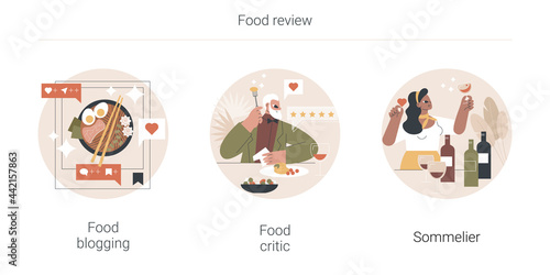 Food review abstract concept vector illustration set. Food blogging and critic, sommelier, social media, restaurant chef, rating, expert opinion, culinary show, wine steward, foodie abstract metaphor.