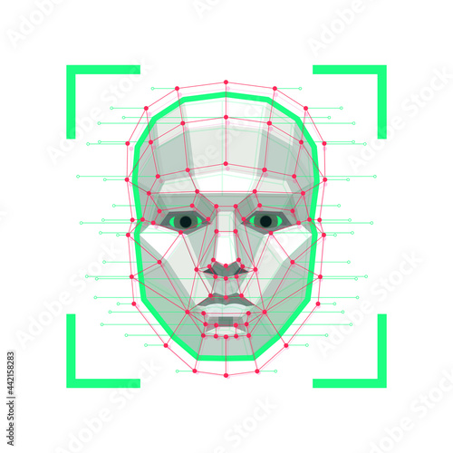 Facial Recognition System concept. Face ID verification services or biometric scanning. System of face recognition for person Identification. Vector illustration.