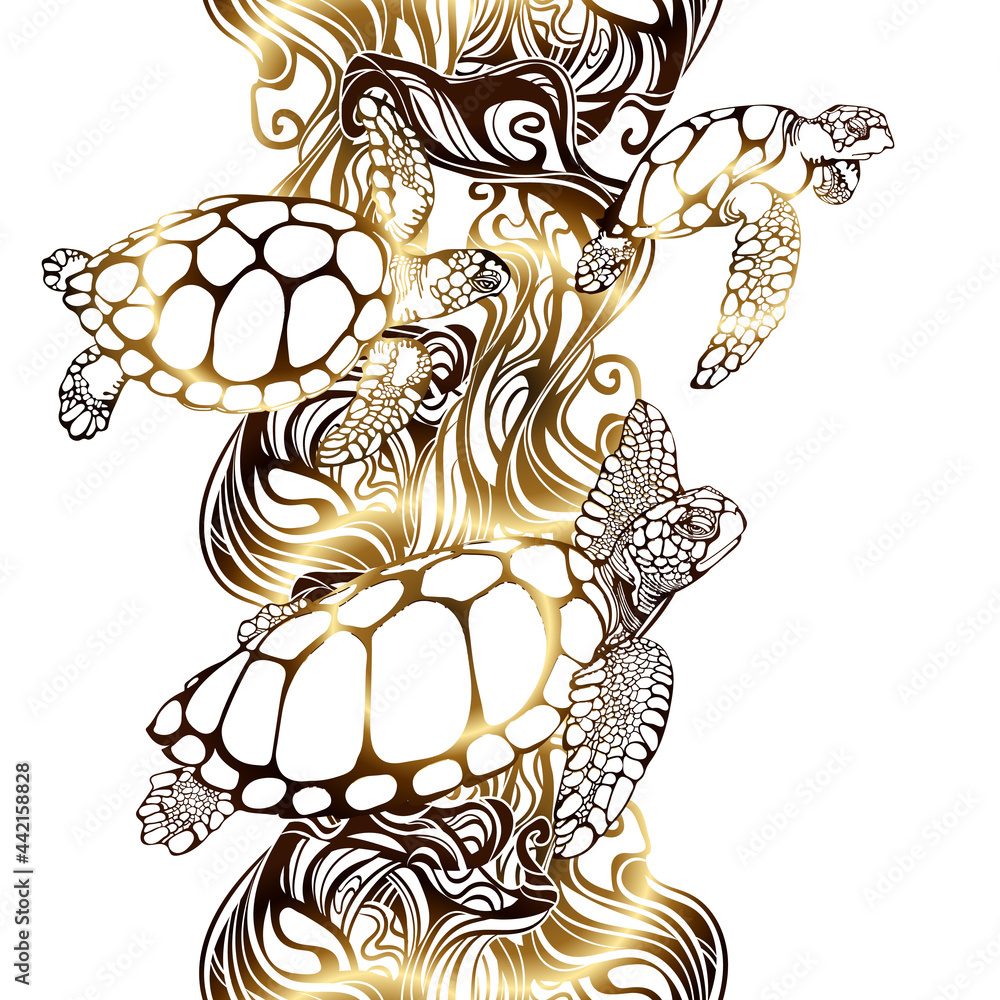 Sea turtle with ocean waves in the style of boho - seamless pattern. Environmental Protection