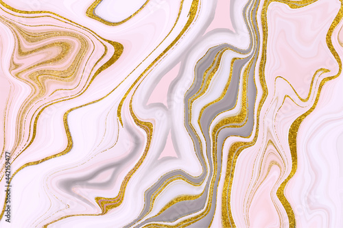 Pink and gray marble gold veined texture. Light agate ripple background. Vector illustration.