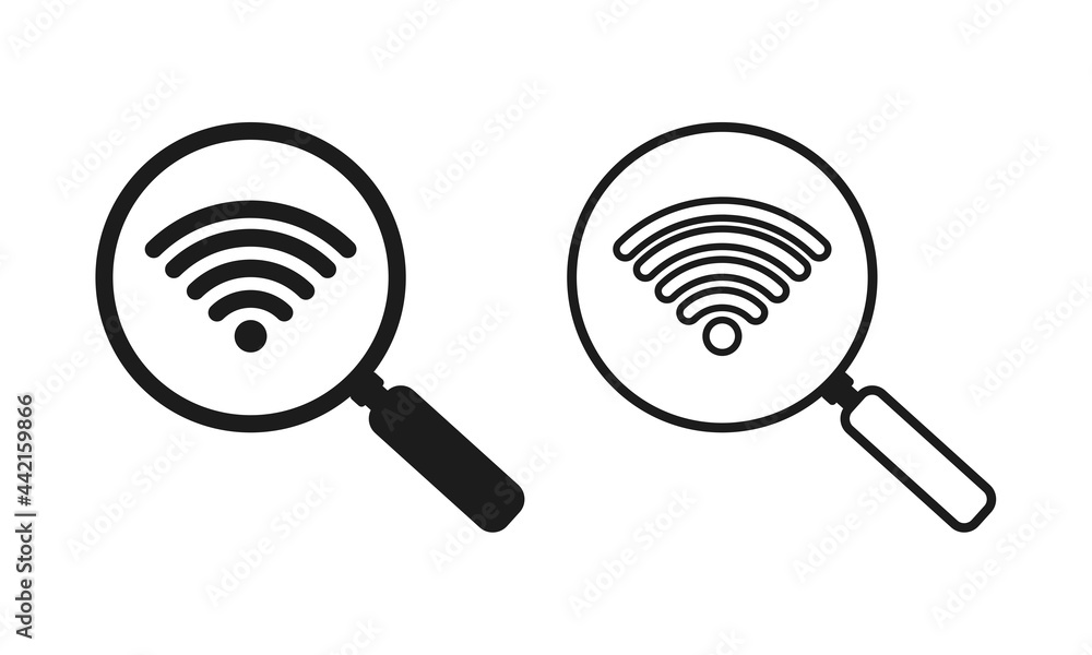 Magnifying glass with wifi icon. Search wifi. Isolated on white background. Illustration vector Magnifying glass with wifi icon. Search wifi. Isolated on white background. Illustration vector