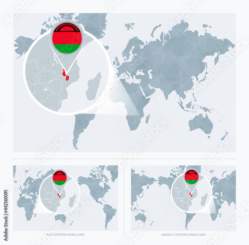 Magnified Malawi over Map of the World, 3 versions of the World Map with flag and map of Malawi.
