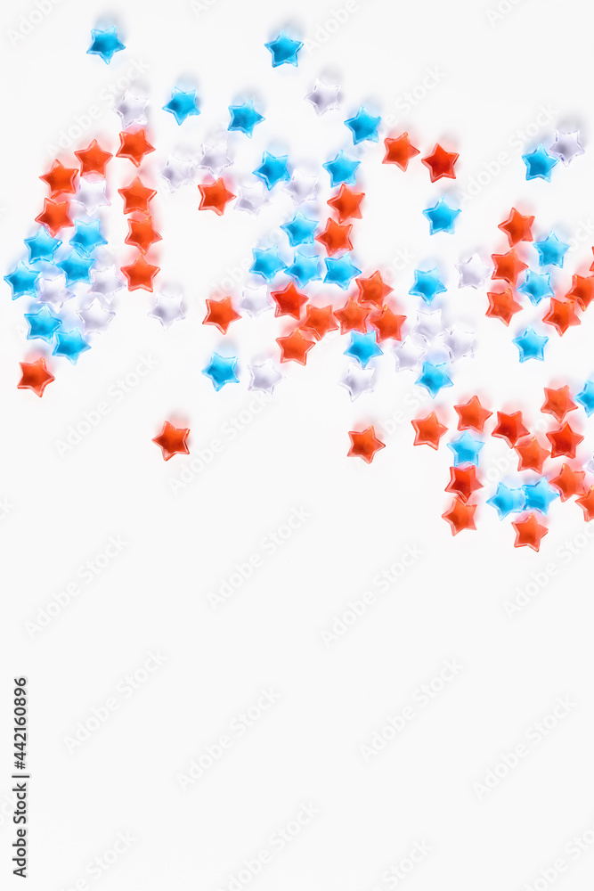 4th of July American Independence Day decorations on white background. flat lay minimalistic compositions, space for text, vertical frame 4th of July American Independence Day decorations on white background. flat lay minimalistic compositions, space for text, vertical frame
