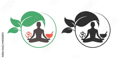 Yoga, Ayurveda, herbal alternative medicine concept. Flat style logo. Isolated on white background. 