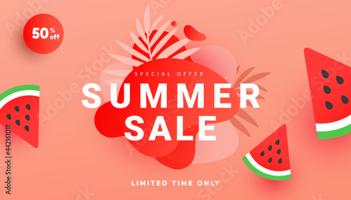 Summer sale banner in trendy style with tropical leaves and flying ripe watermelon slices in the air on bright pink minimal background