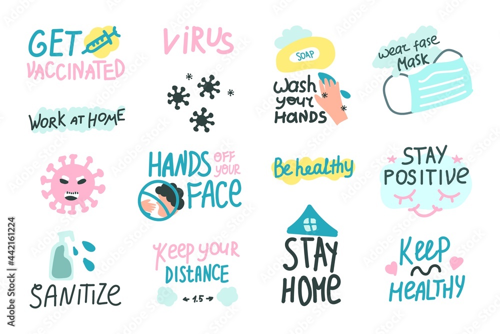 Cartoon icons with quotes. A set of stickers for the prevention of the COVID-19 coronavirus. Cartoon icons with quotes. Vector illustration. Vaccination during a pandemic.