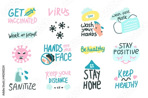 Cartoon icons with quotes. A set of stickers for the prevention of the COVID-19 coronavirus. Cartoon icons with quotes. Vector illustration. Vaccination during a pandemic.