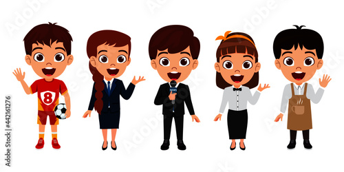 Happy cute multi professional kid boy and girl characters standing player businesswoman waiter reporter