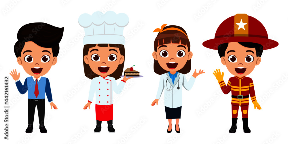 Happy cute multi professional kid characters standing doctor master chef businessman fireman Happy cute multi professional kid characters standing doctor master chef businessman fireman