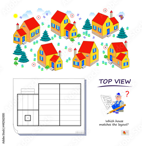 Logic game for children and adults. Which house matches the layout? Top view puzzle. 3D maze. Printable page for brain teaser book. Developing spatial thinking skills. IQ test. Vector illustration.