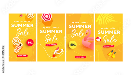 Summer sale vector illustration banners for social media stories sale, web page, mobile phone. Hot season discount poster. Minimal trendy style